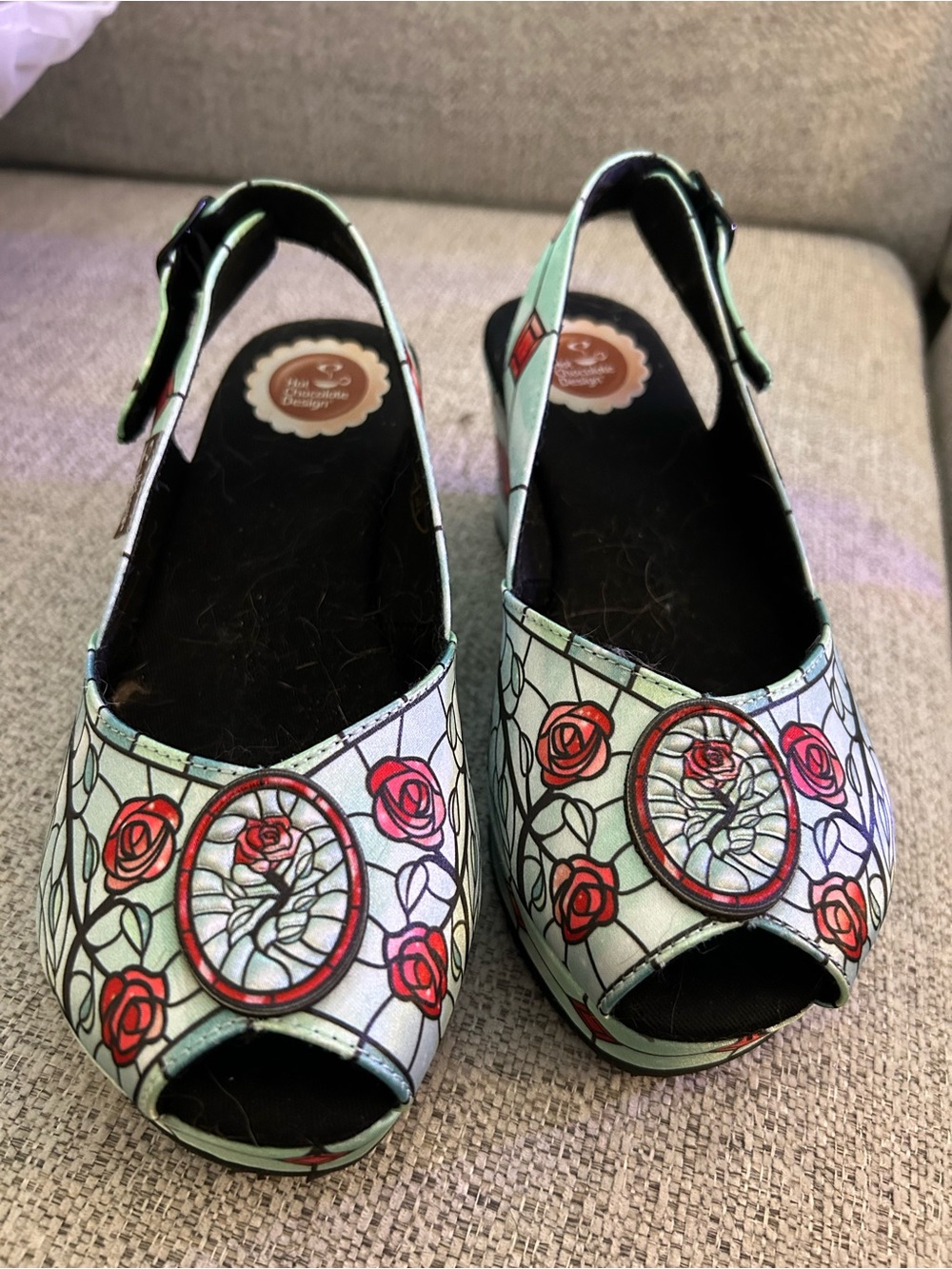 Mint Floral Peep-Toe Wedge Slingbacks with Red Rose Motif